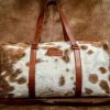 Brown and White Leather Duffel Bag Large Cowhide Travel Bag Cow Hide Weekend/Overnight Bag Premium Quality