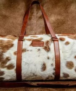 Brown and White Leather Duffel Bag Large Cowhide Travel Bag Cow Hide Weekend/Overnight Bag Premium Quality